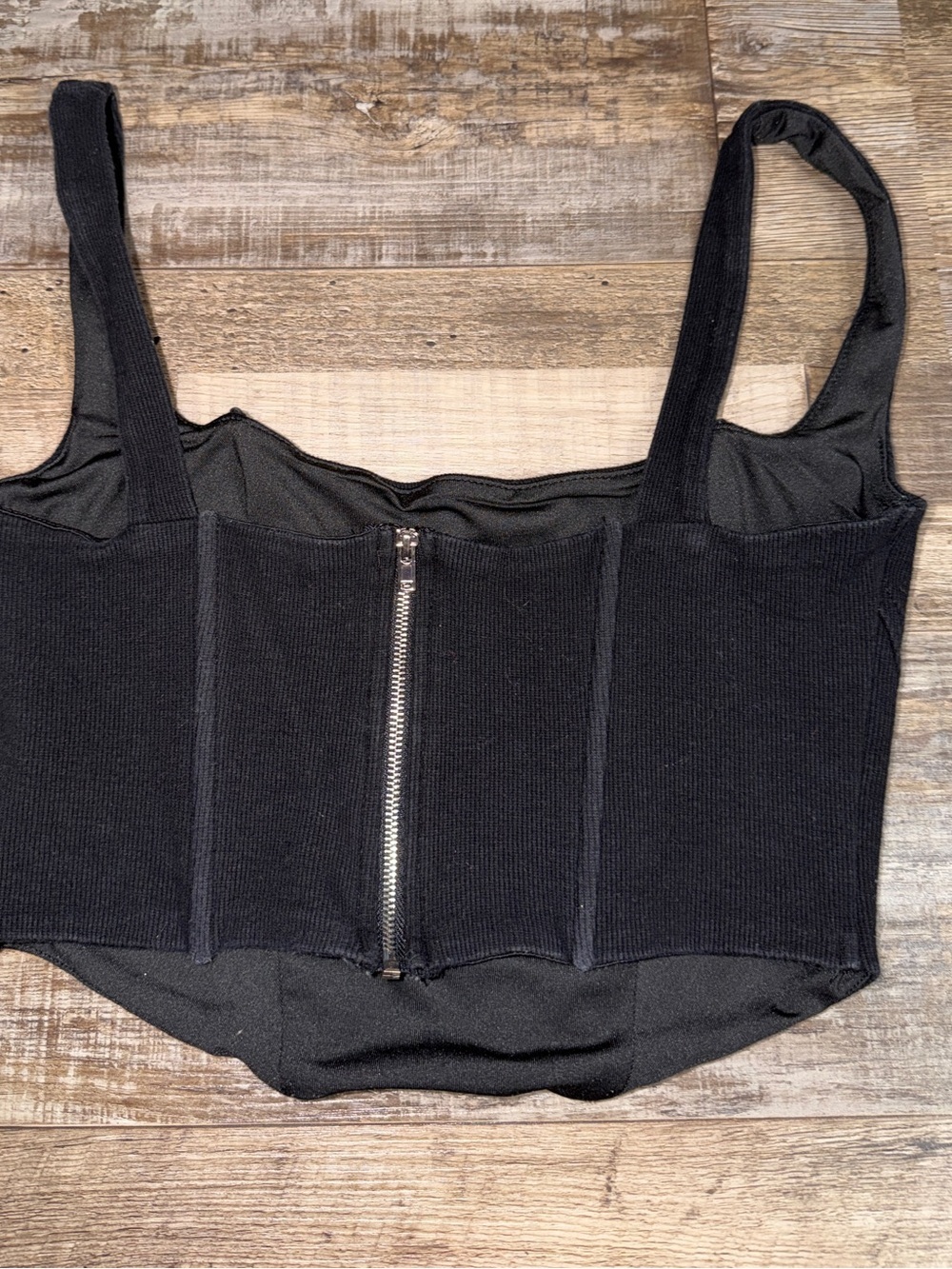 Beige Botany Black Ribbed Corset Top Size Small Y2K Zip Back - Picture 3 of 7